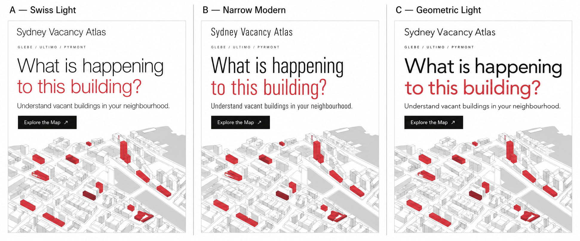 Simple axonometric line drawing of white and grey city blocks with selected red buildings, from the original B design proposal. Conceptual illustration, not actual vacancy data.